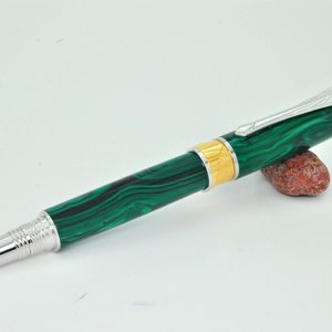 Art Deco Rollerball Pen with Green Malachite TruStone, Rhodium and 22kt Gold