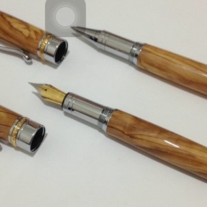 Pristina Pen set Rhodium & Gold Titanium Accents made with Local OliveWood