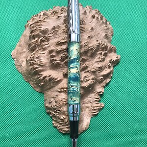 Blue Dyed Stabilized Yellow Cedar Burl on a Presimo Etched Chrome Rollerball Pen