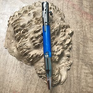 Black Ash Burl with Blue Resin on a .30 Cal Bullet Bolt Action Gun Metal Pen