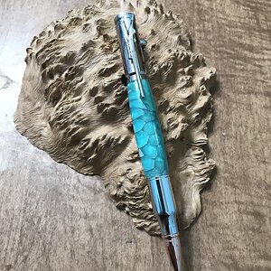 Sky Blue resin and Aluminum honeycomb on a Chrome .30Cal Bullet Bolt Action Pen