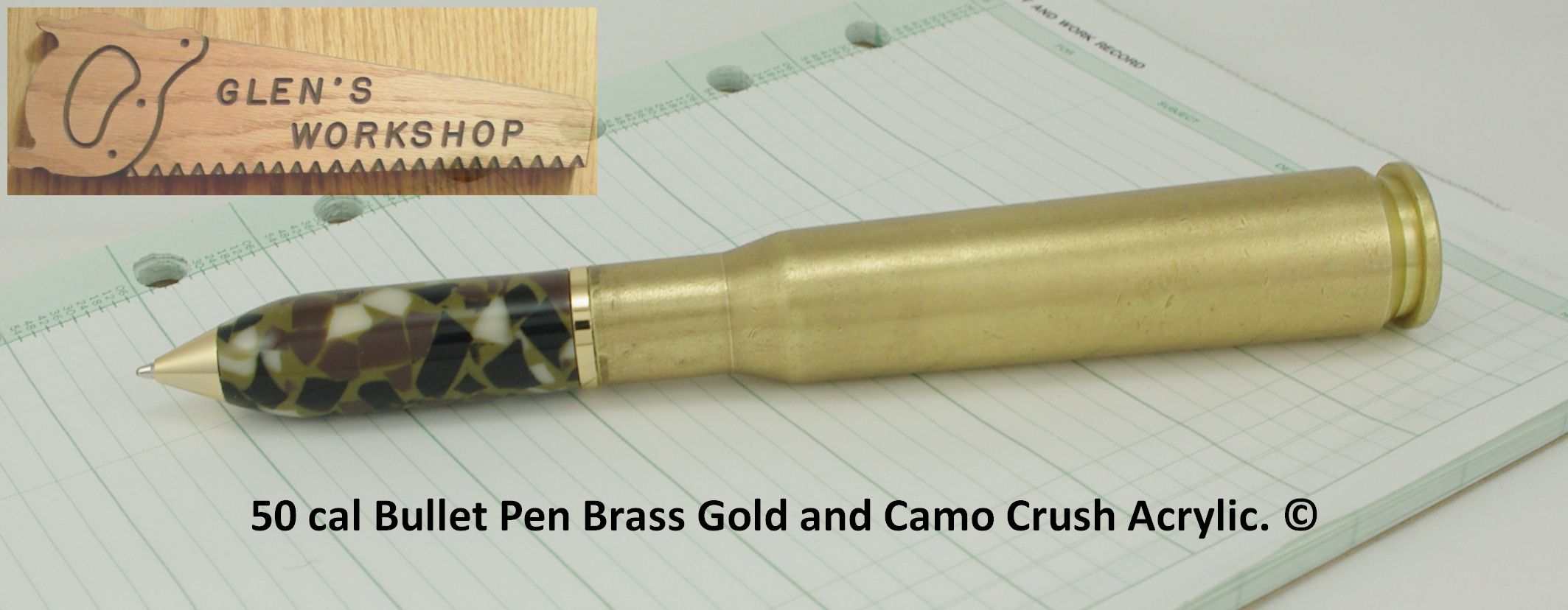 50 cal Bullet Pen Brass Gold Camo Crush Acrylic