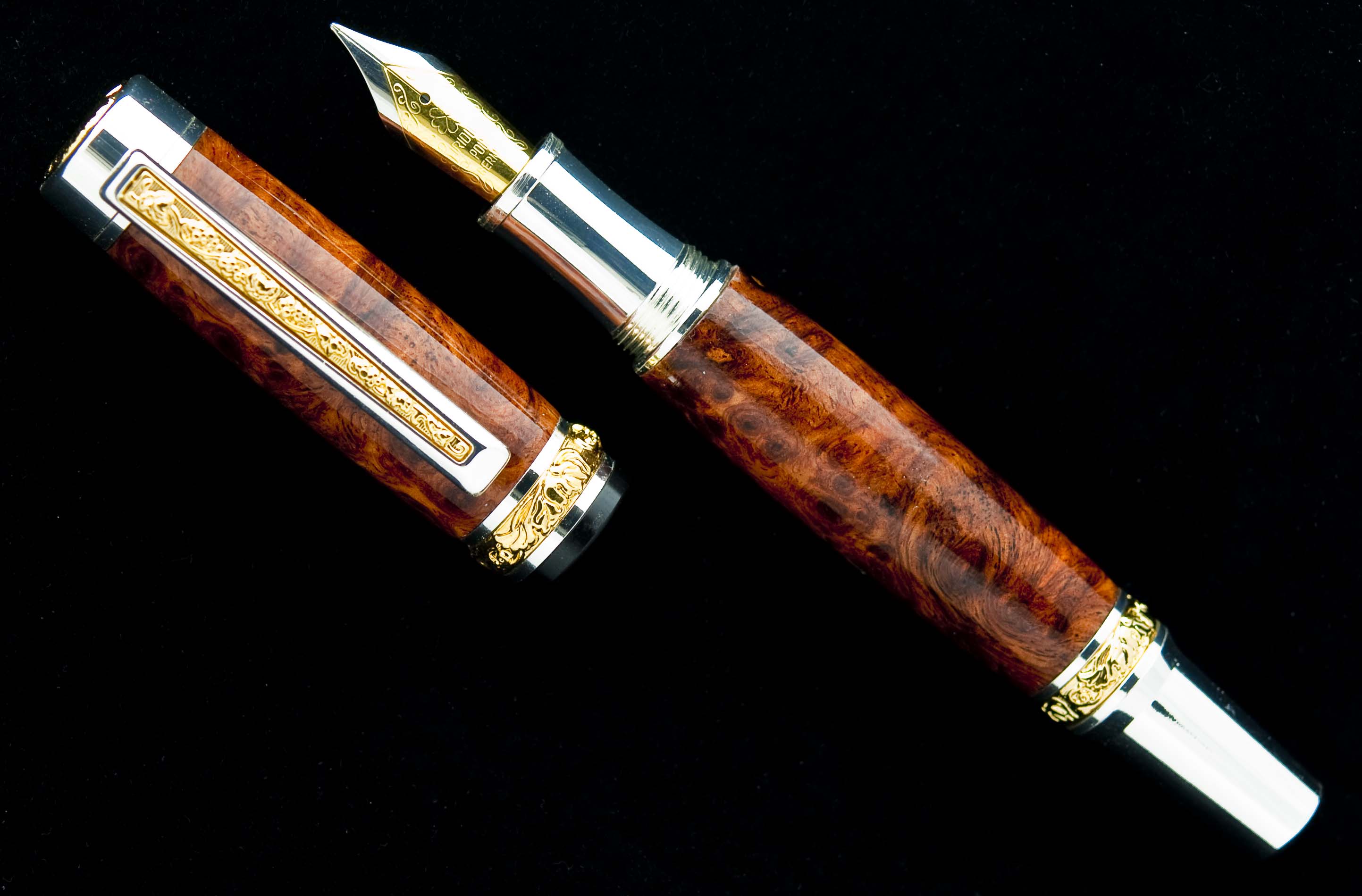 Amboyna Burl on Silver Cambridge Fountain Pen