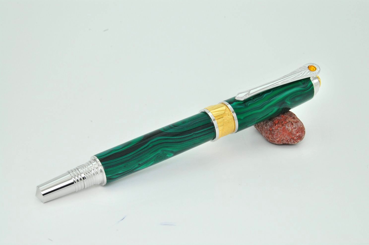 Art Deco Rollerball Pen with Green Malachite TruStone, Rhodium and 22kt Gold