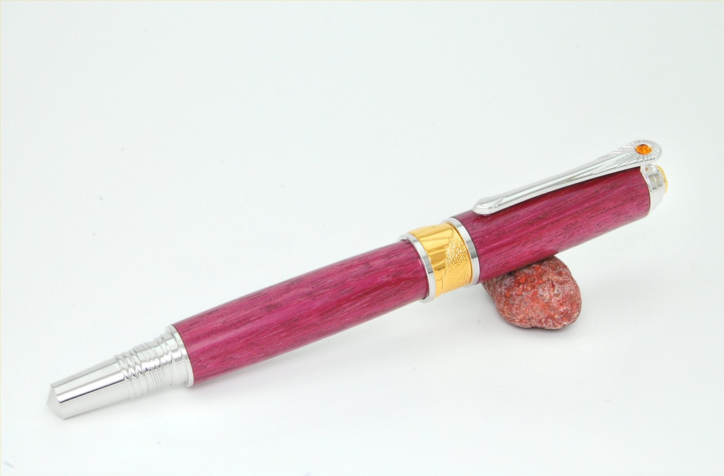 Art Deco Rollerball Pen with Padauk wood body, Rhodium and 22kt Gold