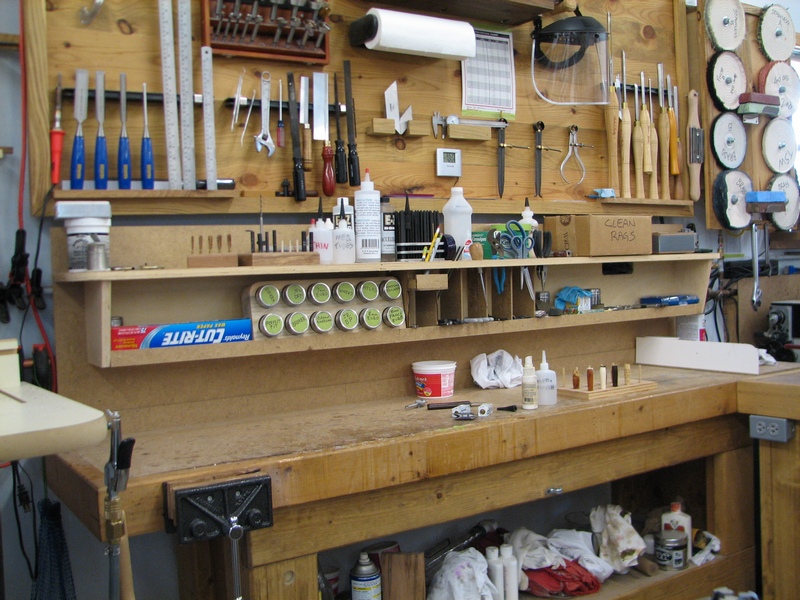 Bench behind wood lathe