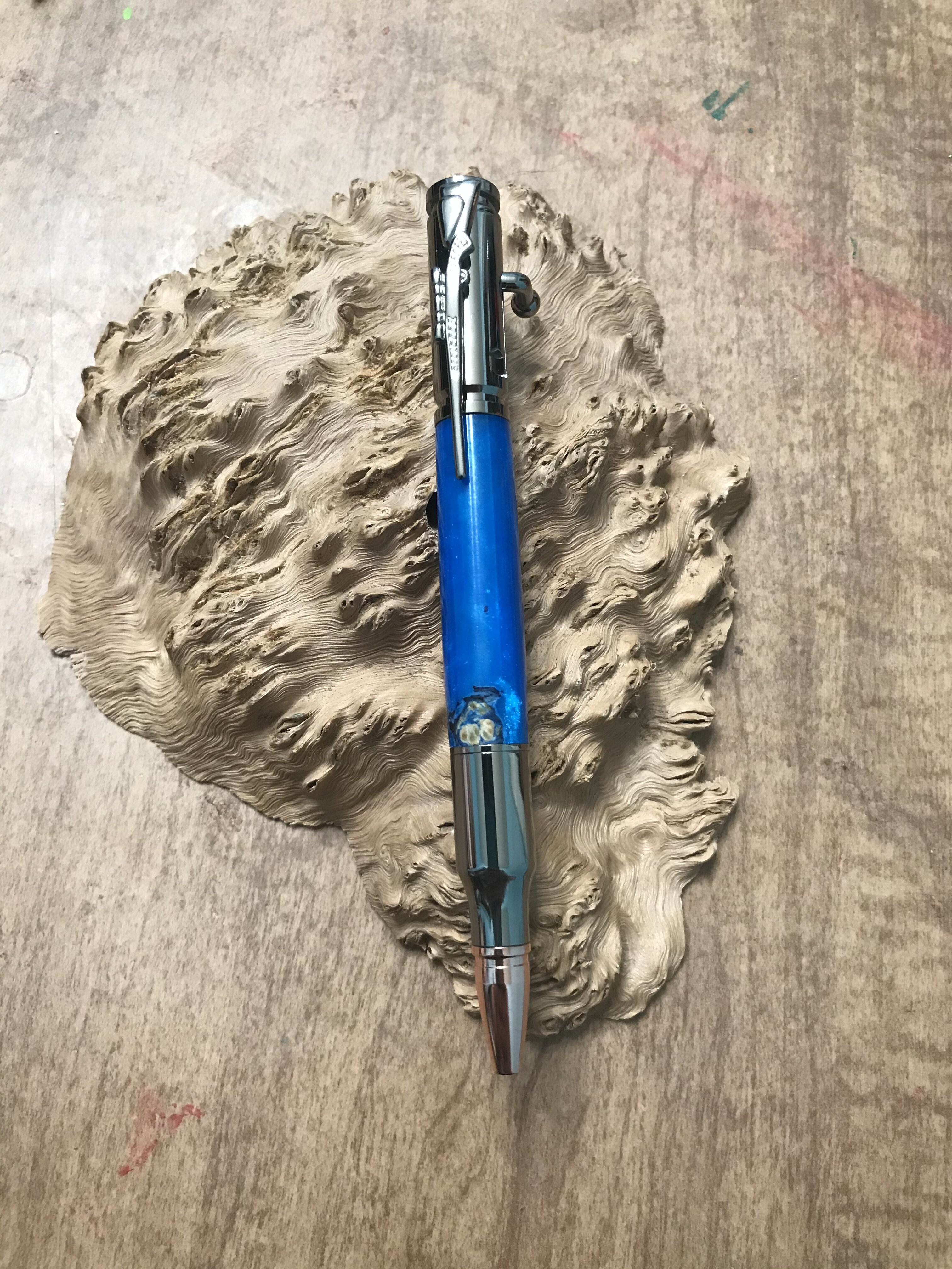 Black Ash Burl with Blue Resin on a .30 Cal Bullet Bolt Action Gun Metal Pen