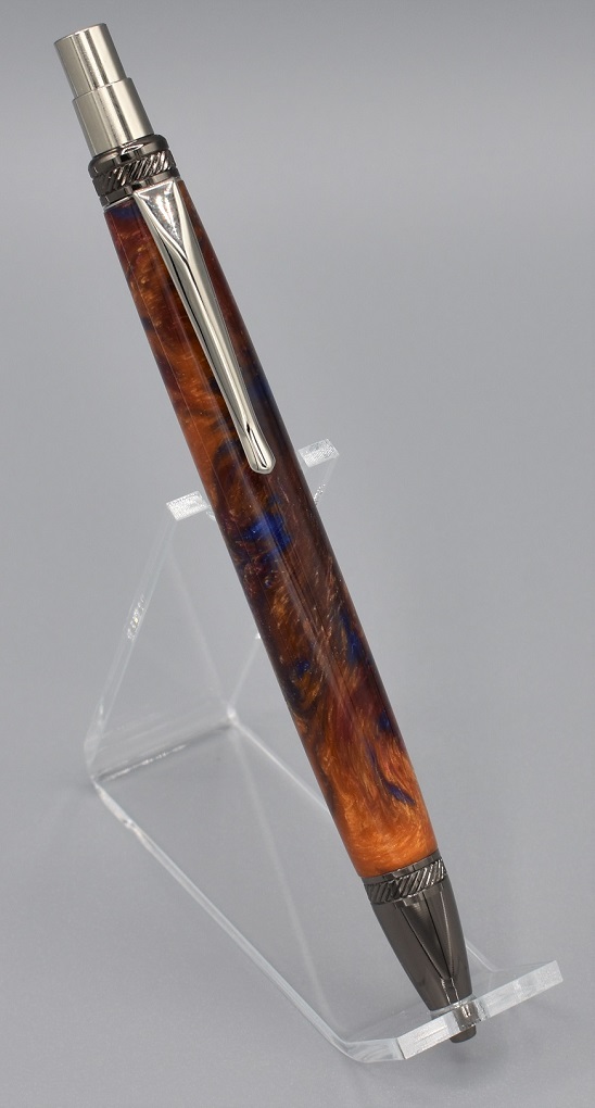 Blade click pen. Blue, red, Aztec gold resin, CA finish B1A.jpg