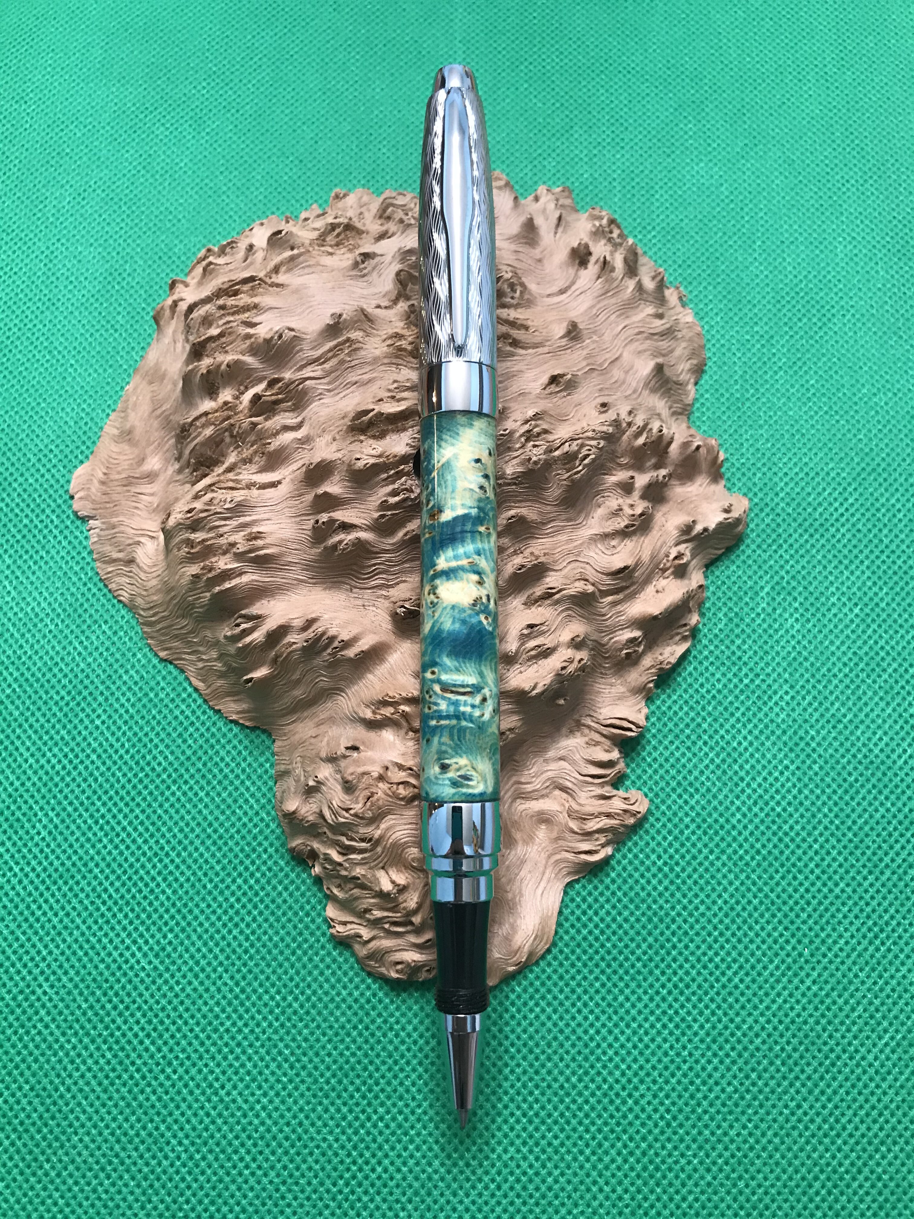 Blue Dyed Stabilized Yellow Cedar Burl on a Presimo Etched Chrome Rollerball Pen
