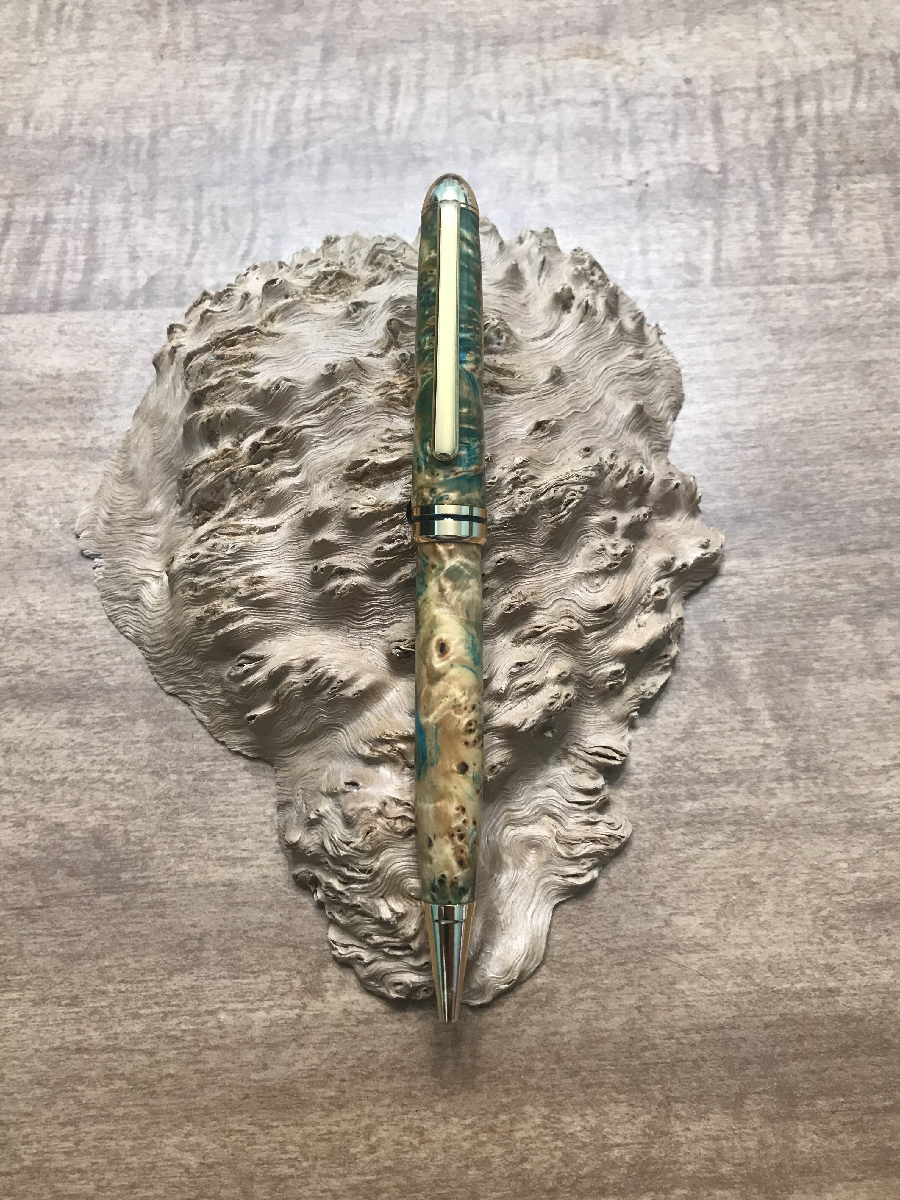 Blue/Green Dyed Yellow Cedar Burl on a 24K Gold Designer Twist Pen