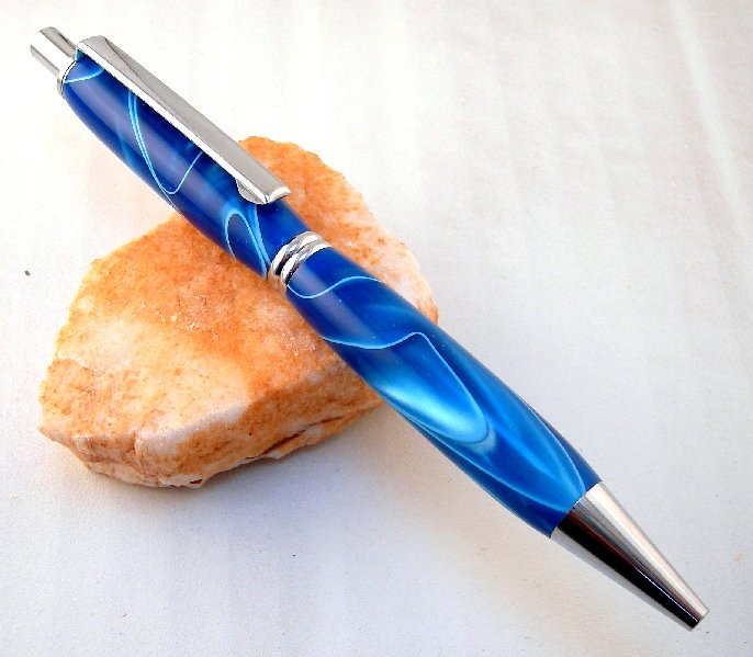 Blue & White Swirl Chrome Clicker Pen