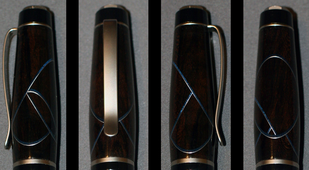 Close Up of Cigar Pen Kit - Ziricote w Blue Veneer and Aluminum Strips