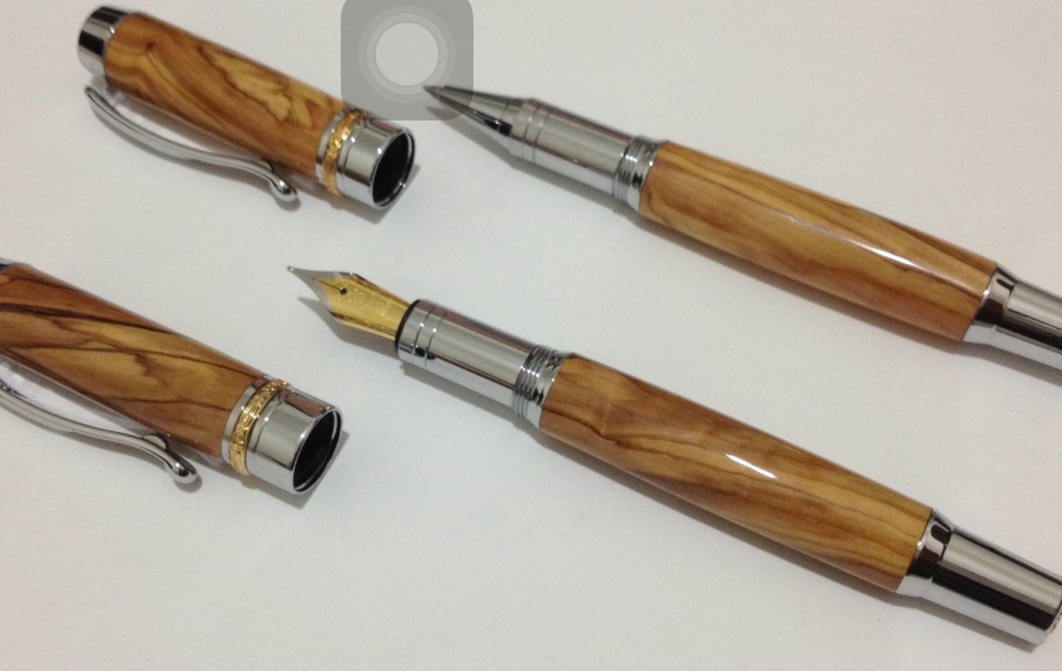 Pristina Pen set Rhodium & Gold Titanium Accents made with Local OliveWood