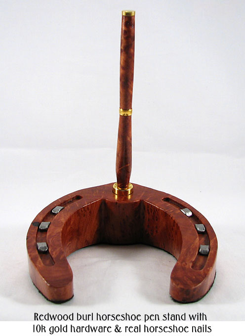 Redwood burl horseshoe pen stand