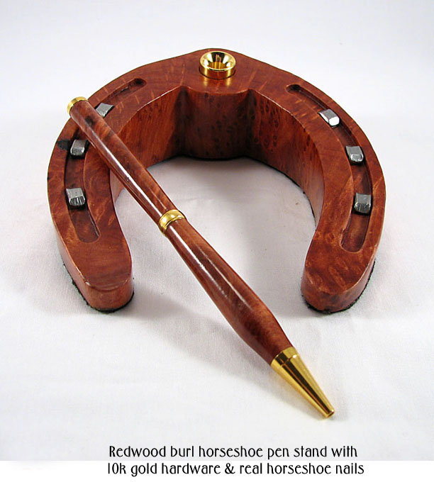 Redwood burl horseshoe pen stand