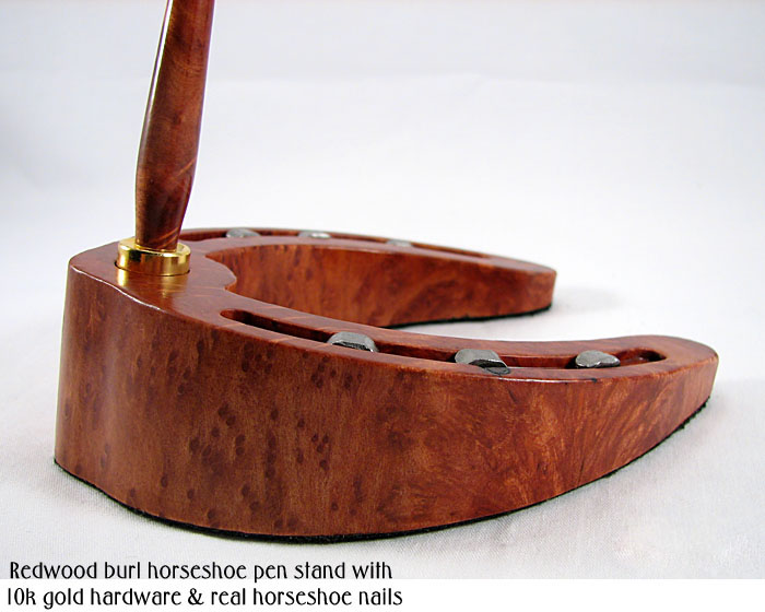 Redwood burl horseshoe pen stand