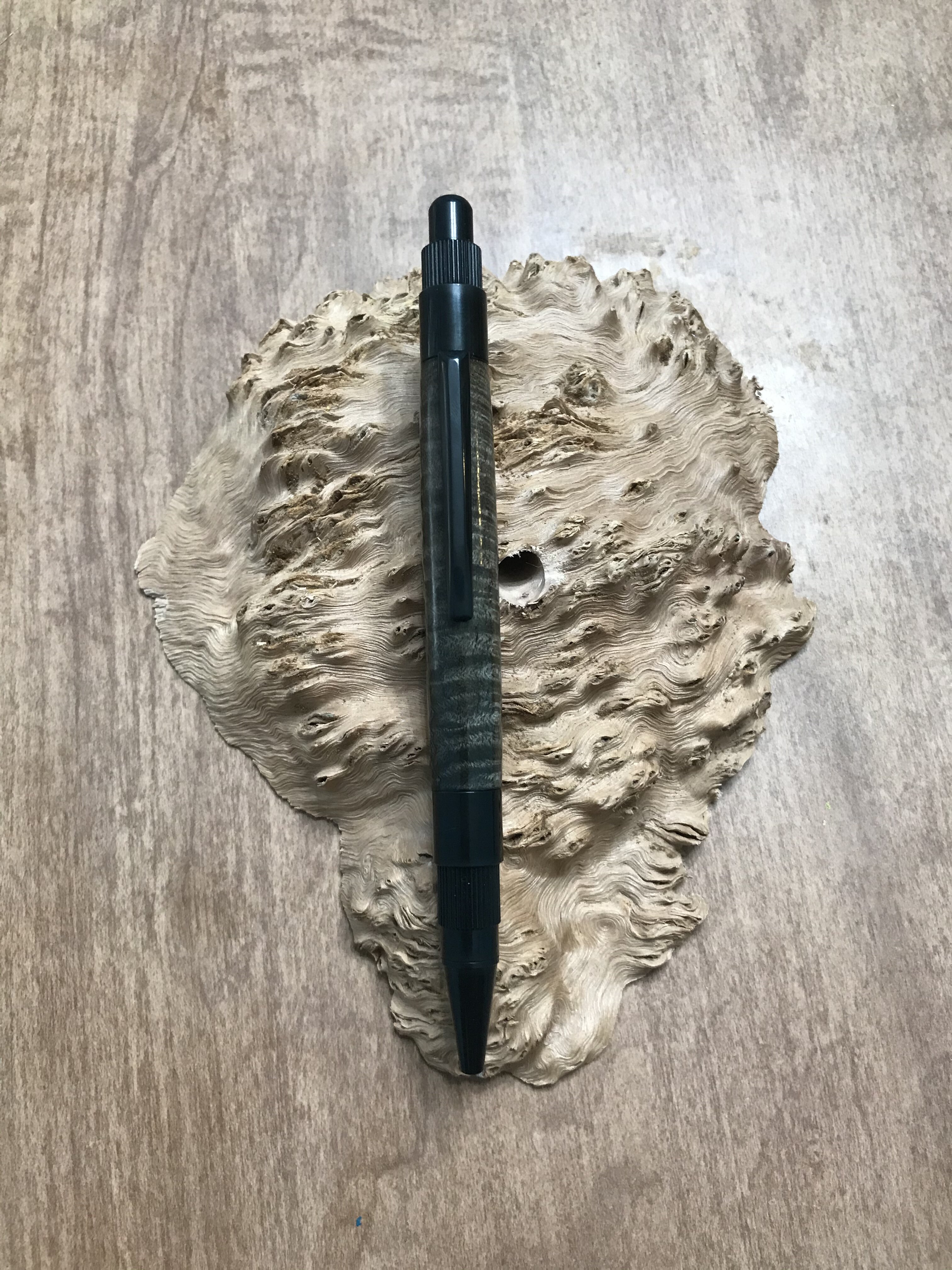 Spalted Curly Maple on a Stratus Black Click Pen