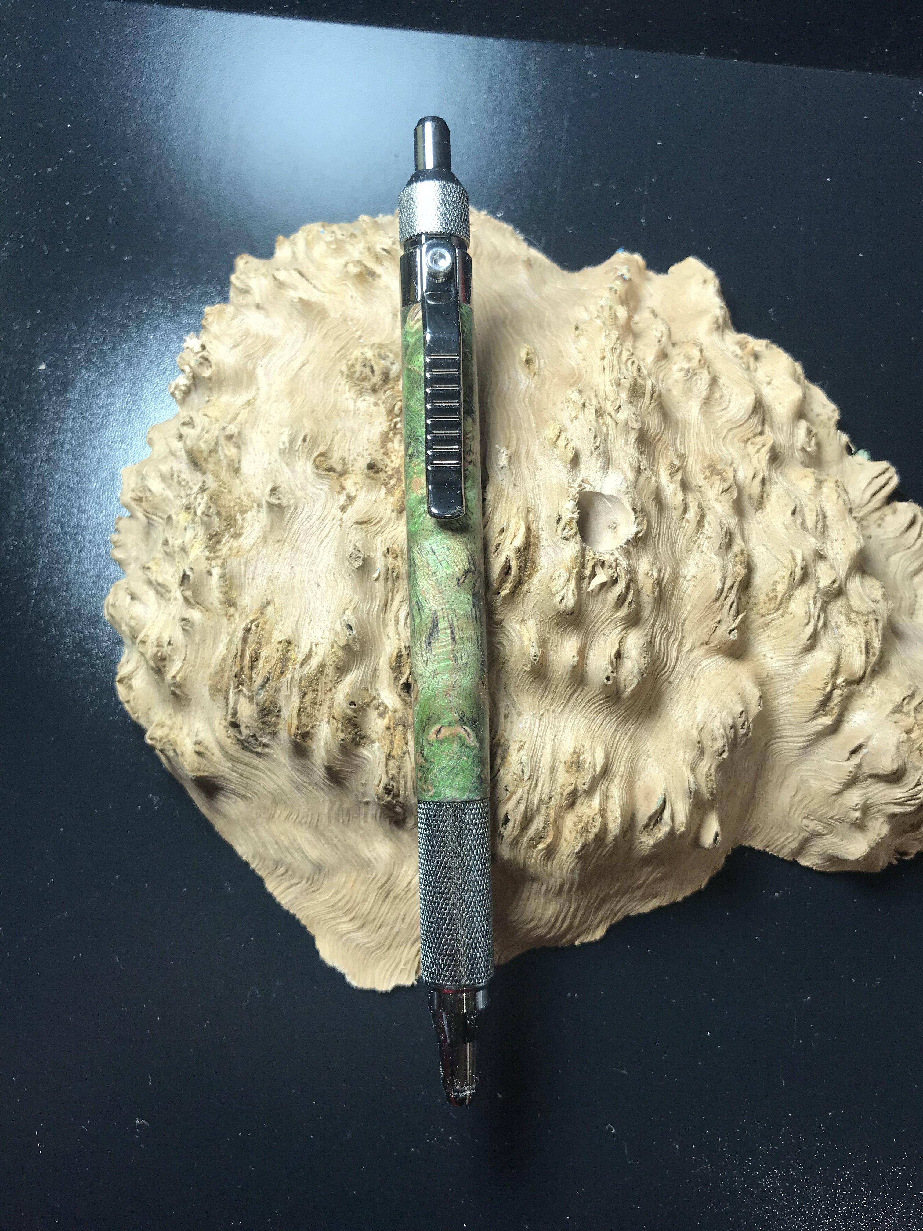 Stabilized Double Dyed (Lime & Black) Maple Burl on an Anvil EDC Click Pen