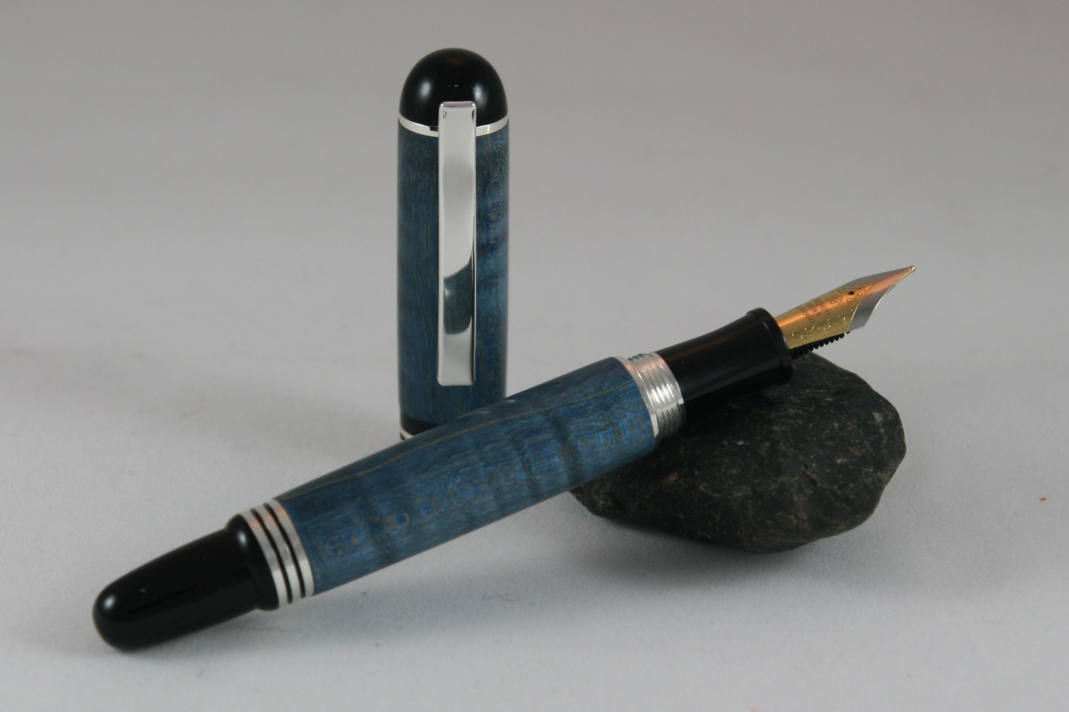 Sterling silver Churchill with blue dyed curly maple