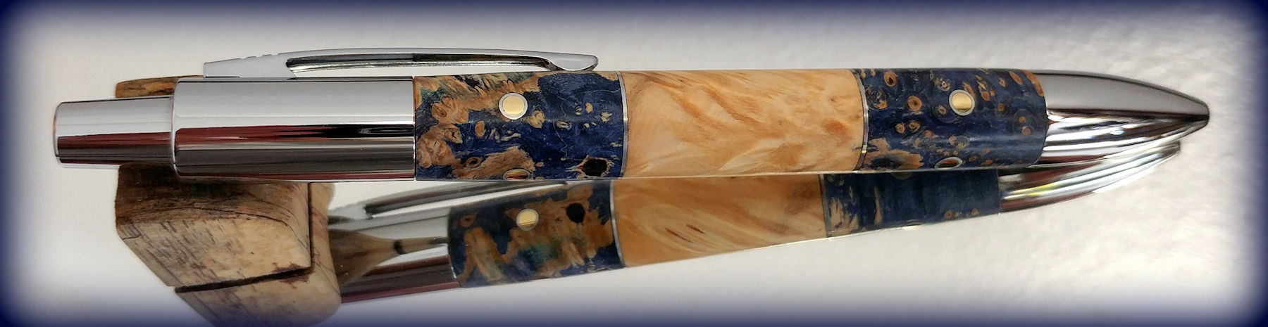 Vesper Pen - Segmented Blue Box Elder& Clear Box Elder With Brass & Aluminum Inlay